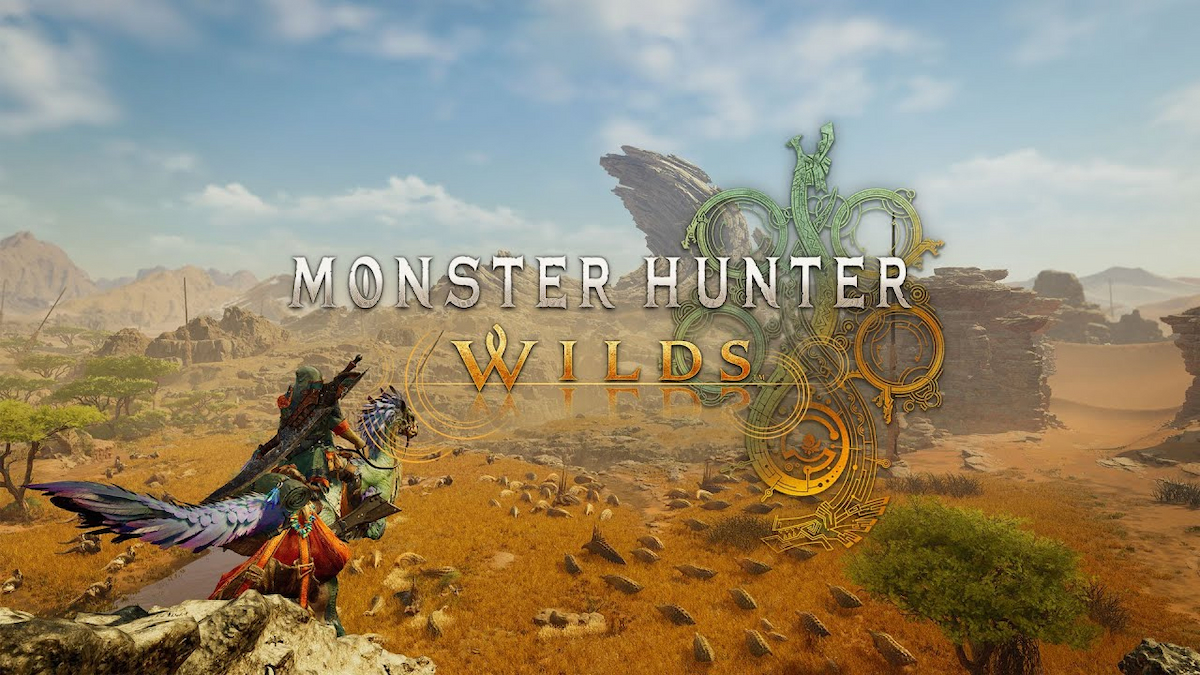 A heavily armoured medieval hunter sitting on a large bird creature facing away from the camera, looking over a desert environment. Monster Hunter Wilds logo is overlaid.
